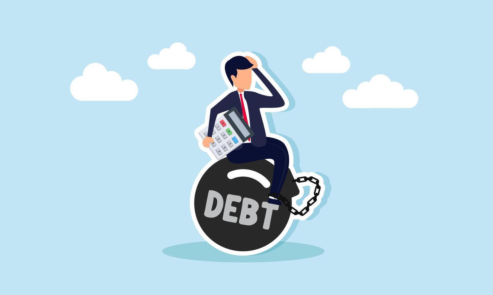 A businessman carrying a calculator sits chained on a burden labeled DEBT, illustration of business debt calculations to be paid vector