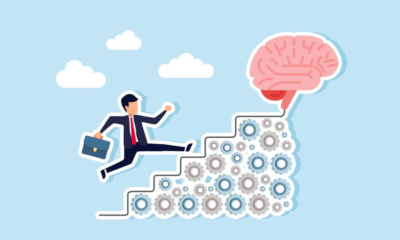 Businessman runs up stacked gears forming stairs to reach the top with a brain, illustration of a systematic mindset vector