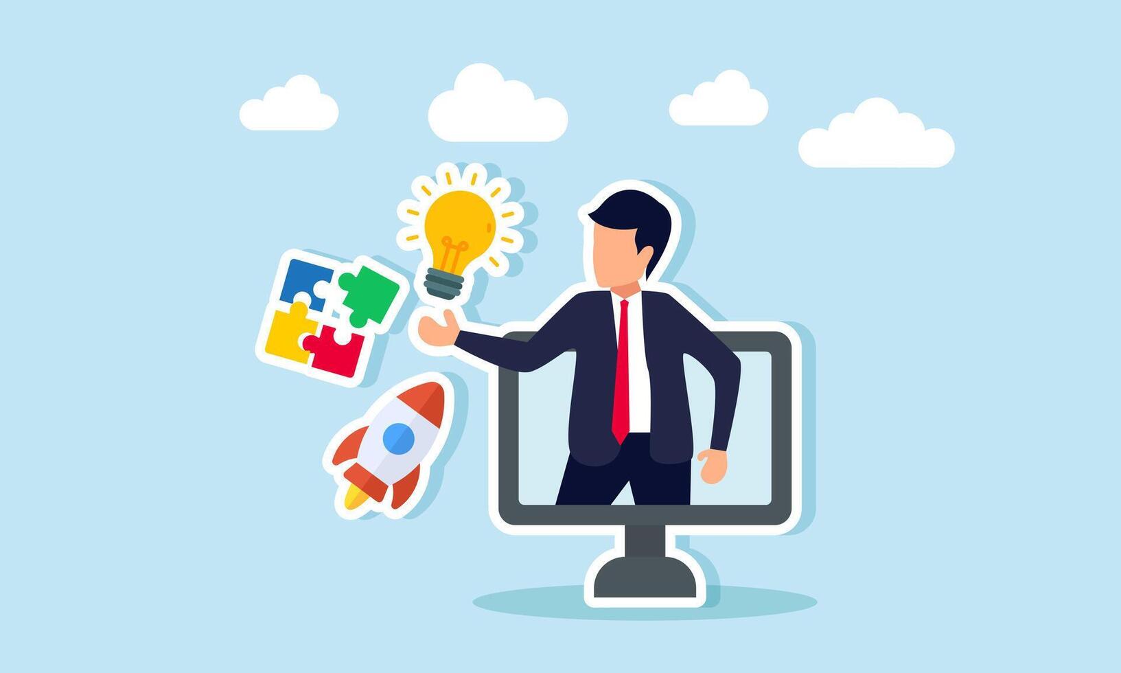 Businessman emerges from a monitor, presenting light bulbs, puzzles, and a rocket, illustration of business ideas and innovation suggestions for growth vector
