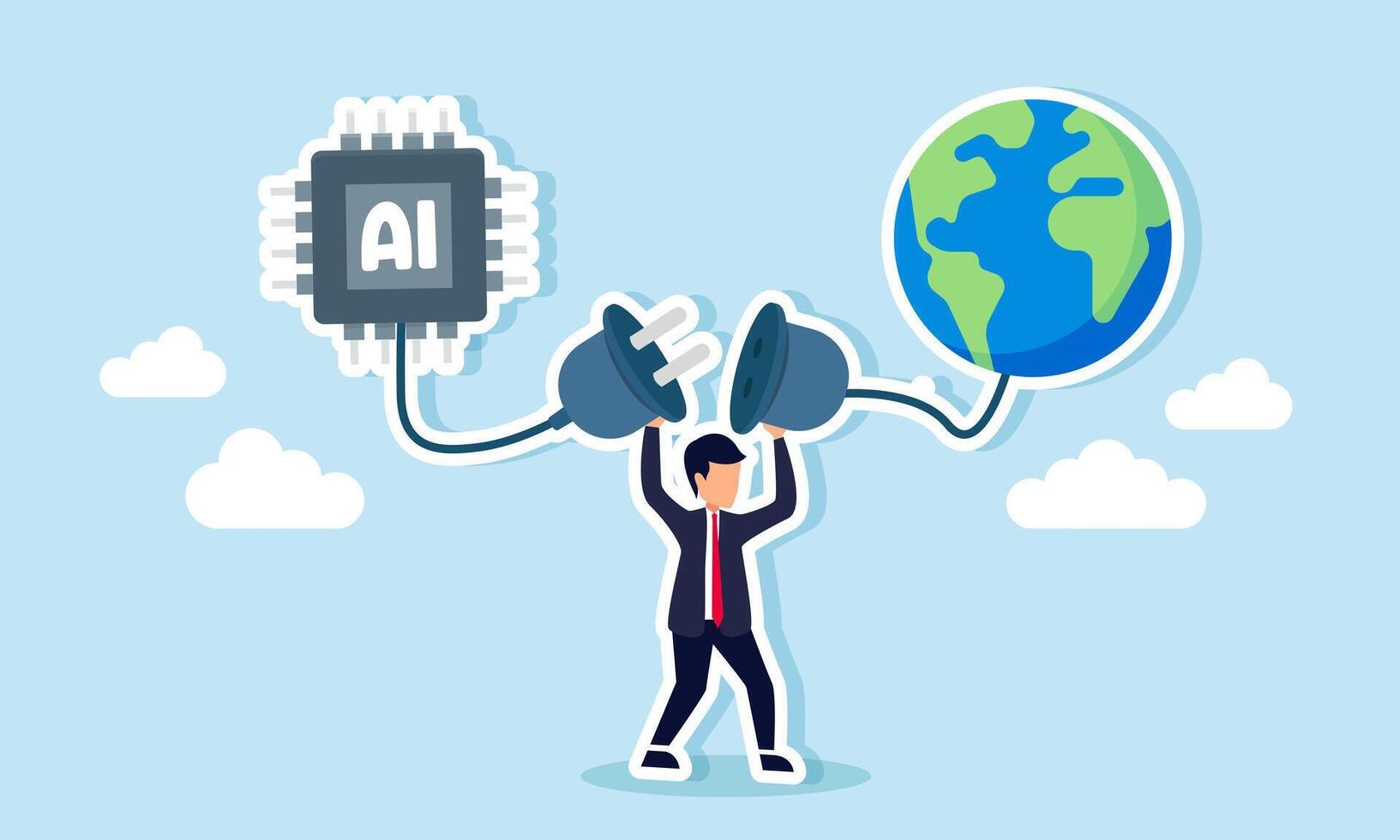 A businessman holds two power plugs connected to an AI chip and a globe, illustration of the importance of global encyclopedia knowledge for AI development vector