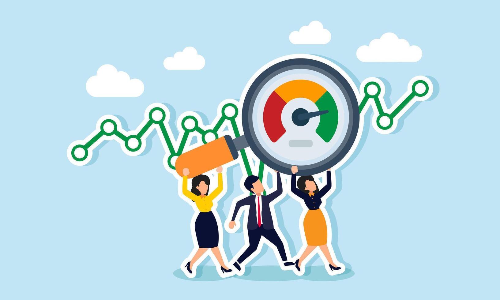 Businesspeople stand in front of a line chart, working together to lift a magnifying glass with a speedometer label, illustration of evaluating and analyzing team performance in business vector