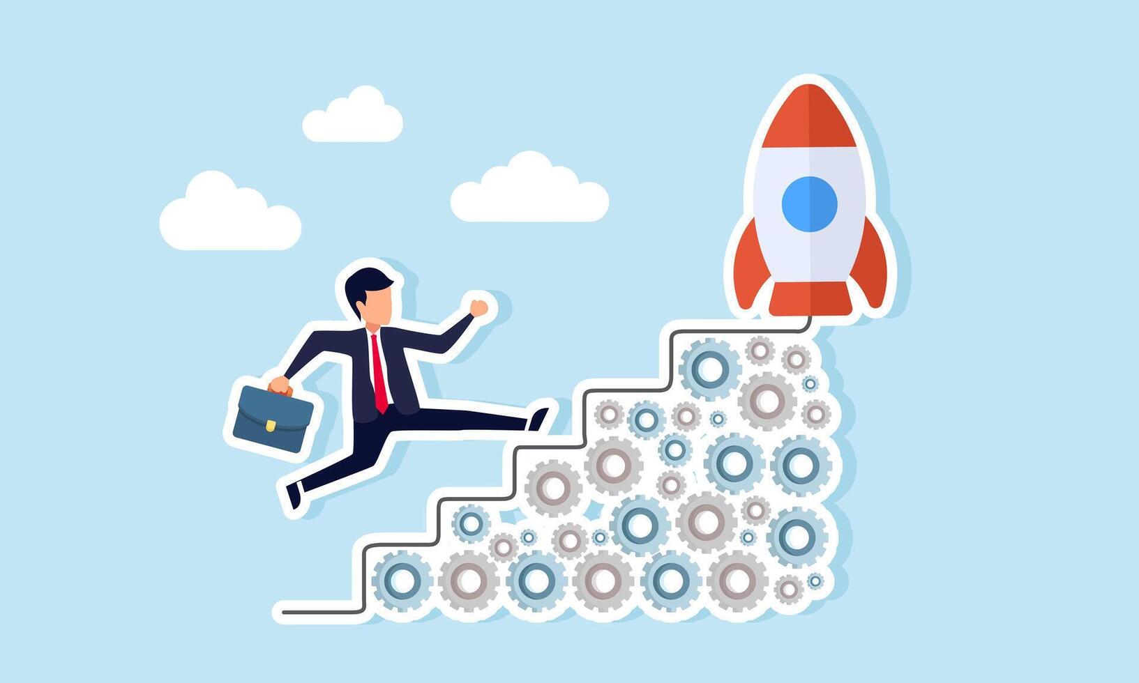 Businessman runs up stacked gears forming stairs to reach the top with a rocket, illustration of a systematic work system to improve business performance vector