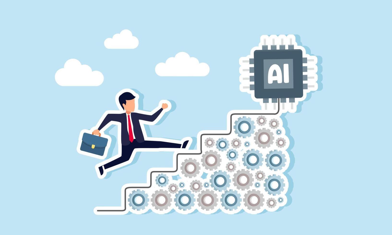 Businessman runs up stacked gears forming stairs to reach the top with an AI chip, illustration of how systematic thinking enhances AI capabilities vector