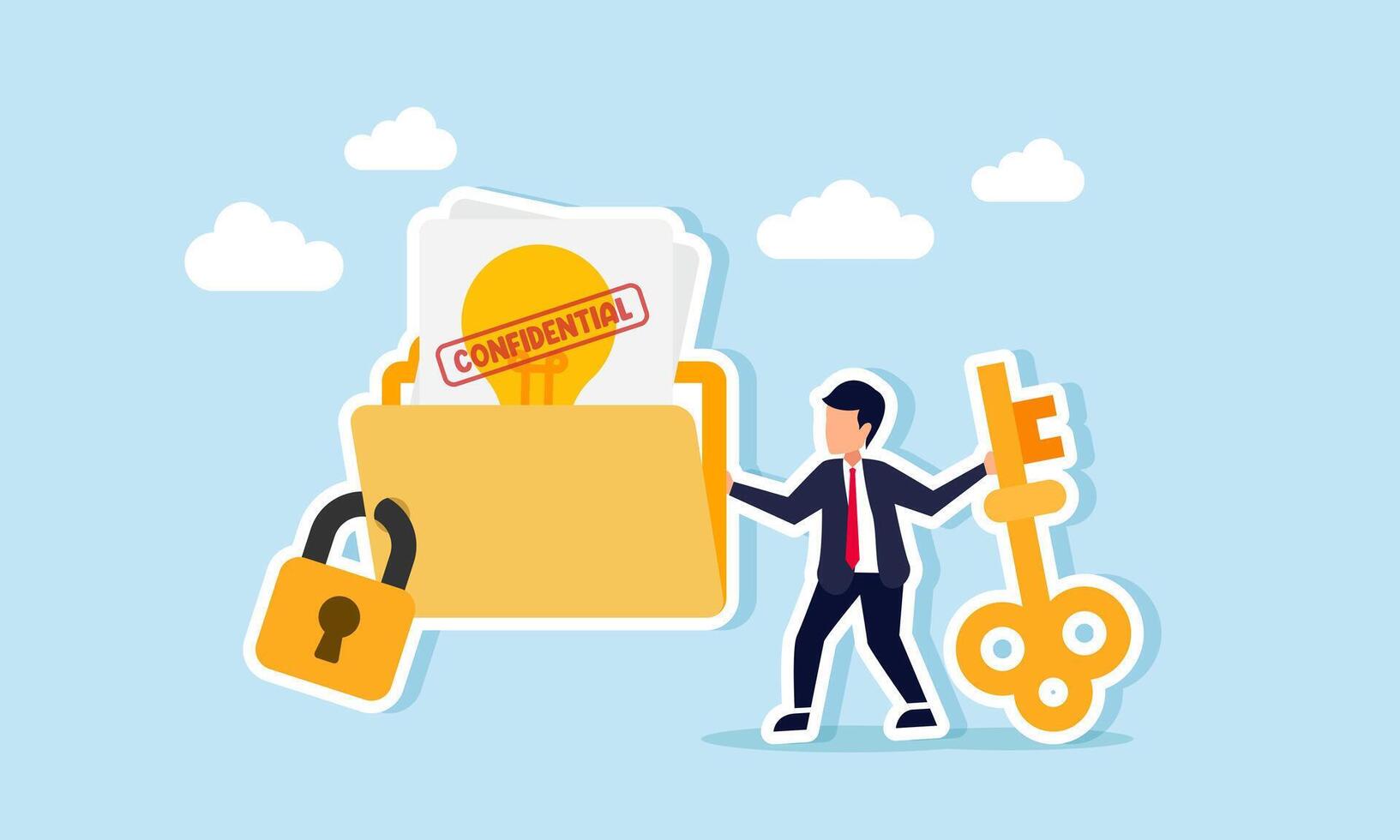 Businessman holds a key standing beside a locked lightbulb-labeled document folder marked CONFIDENTIAL, illustration of business idea and innovation document confidentiality vector
