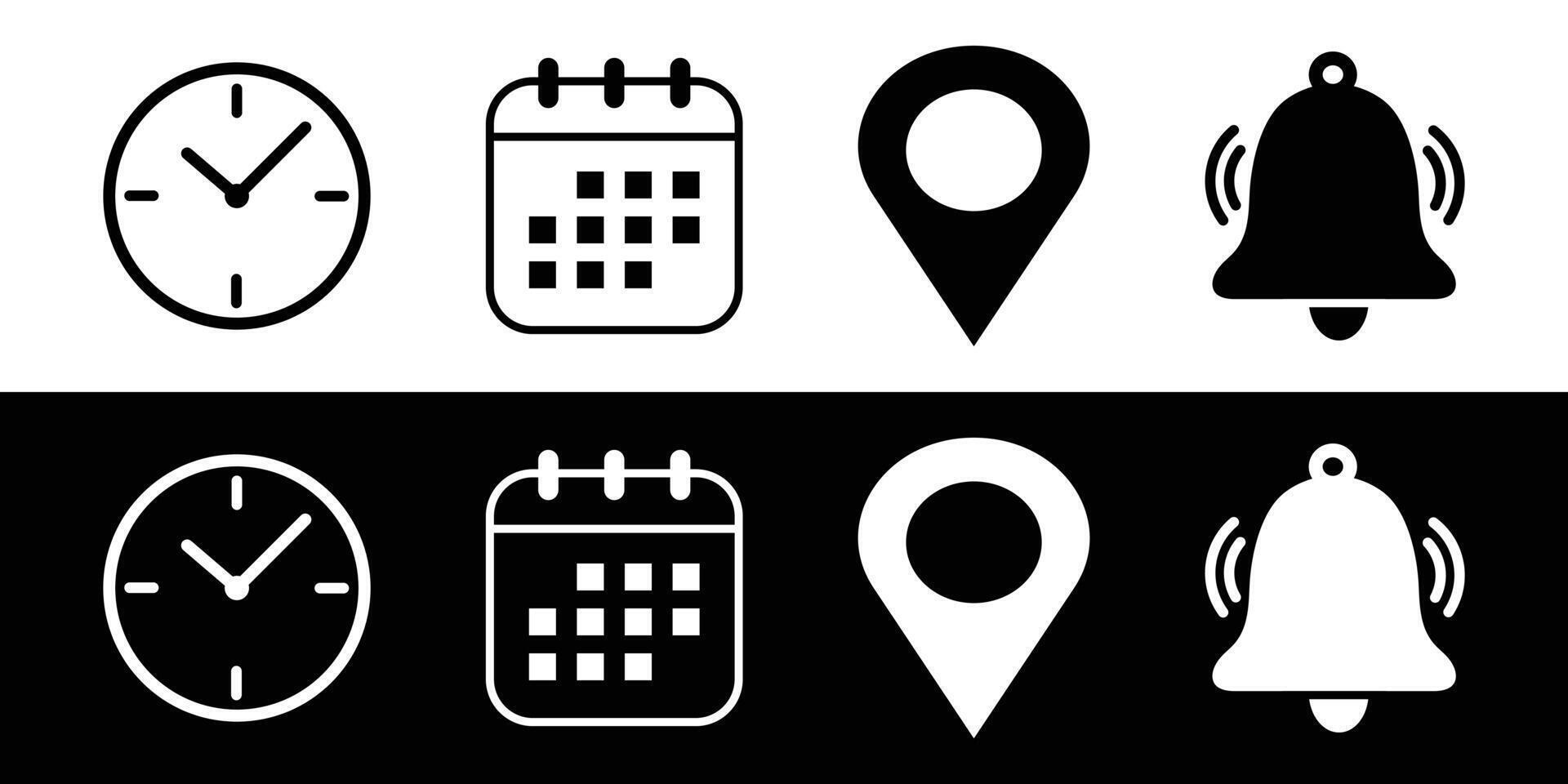 Time Management Icons clock, calendar, location pin and notification bell. vector