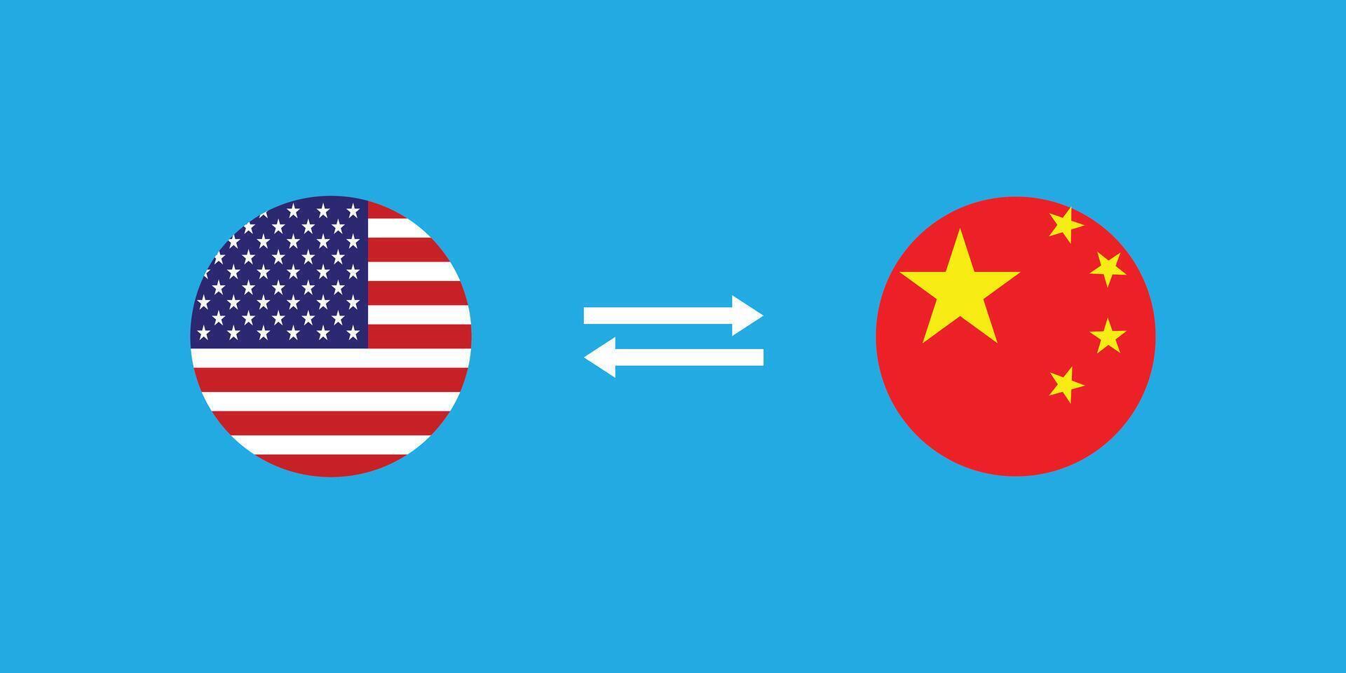 USD to CNY Currency Exchange Illustration with American and China round flags icon. vector