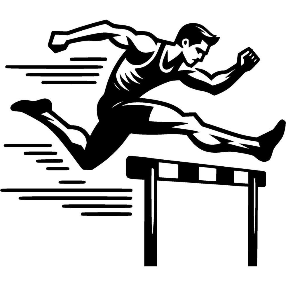 Sport emblem of male middle distance runner jumping over hurdles in monochrome. Engraving minimalistic image in black ink drawing on white background vector