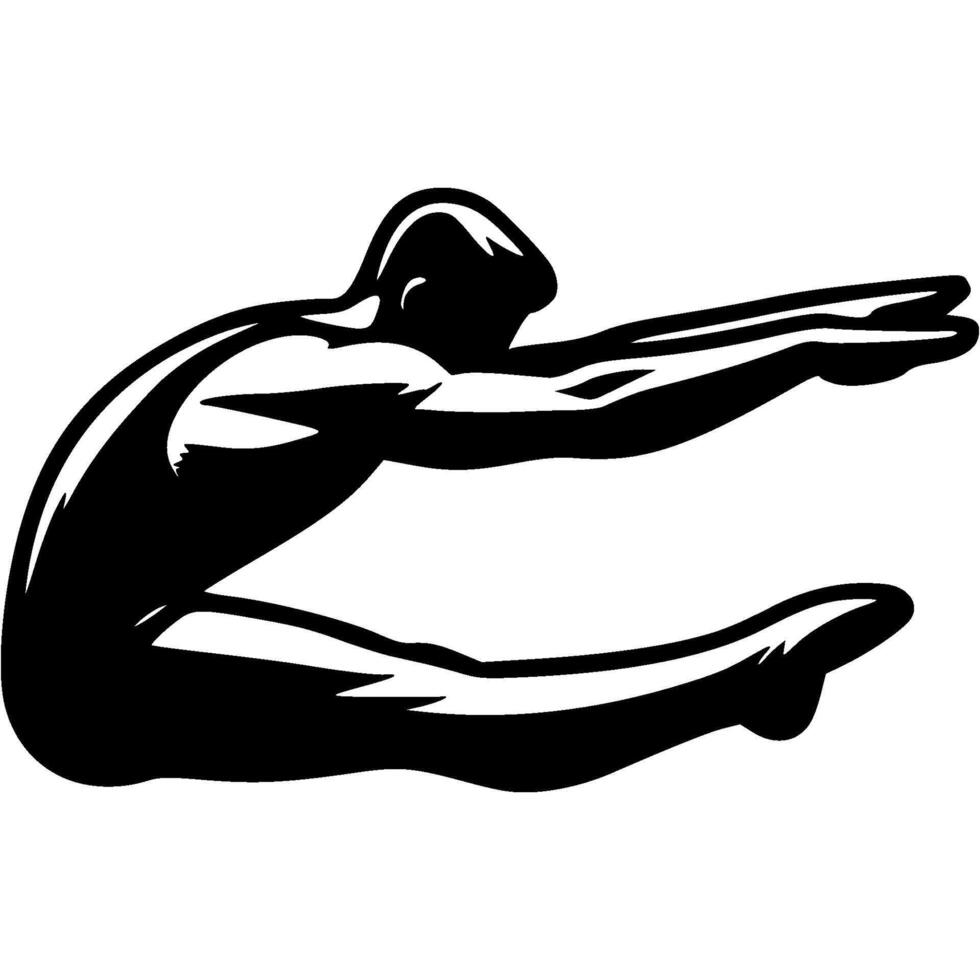 Sport emblem of gymnast man performs training stretching in monochrome. Engraving minimalistic image in black ink drawing on white background vector