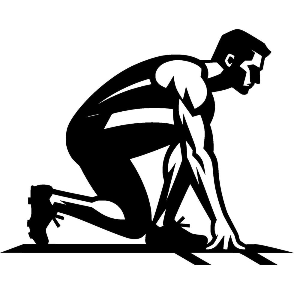 Sport emblem of male runner printer at starting line of distance in monochrome. Engraving minimalistic image in black ink drawing on white background vector
