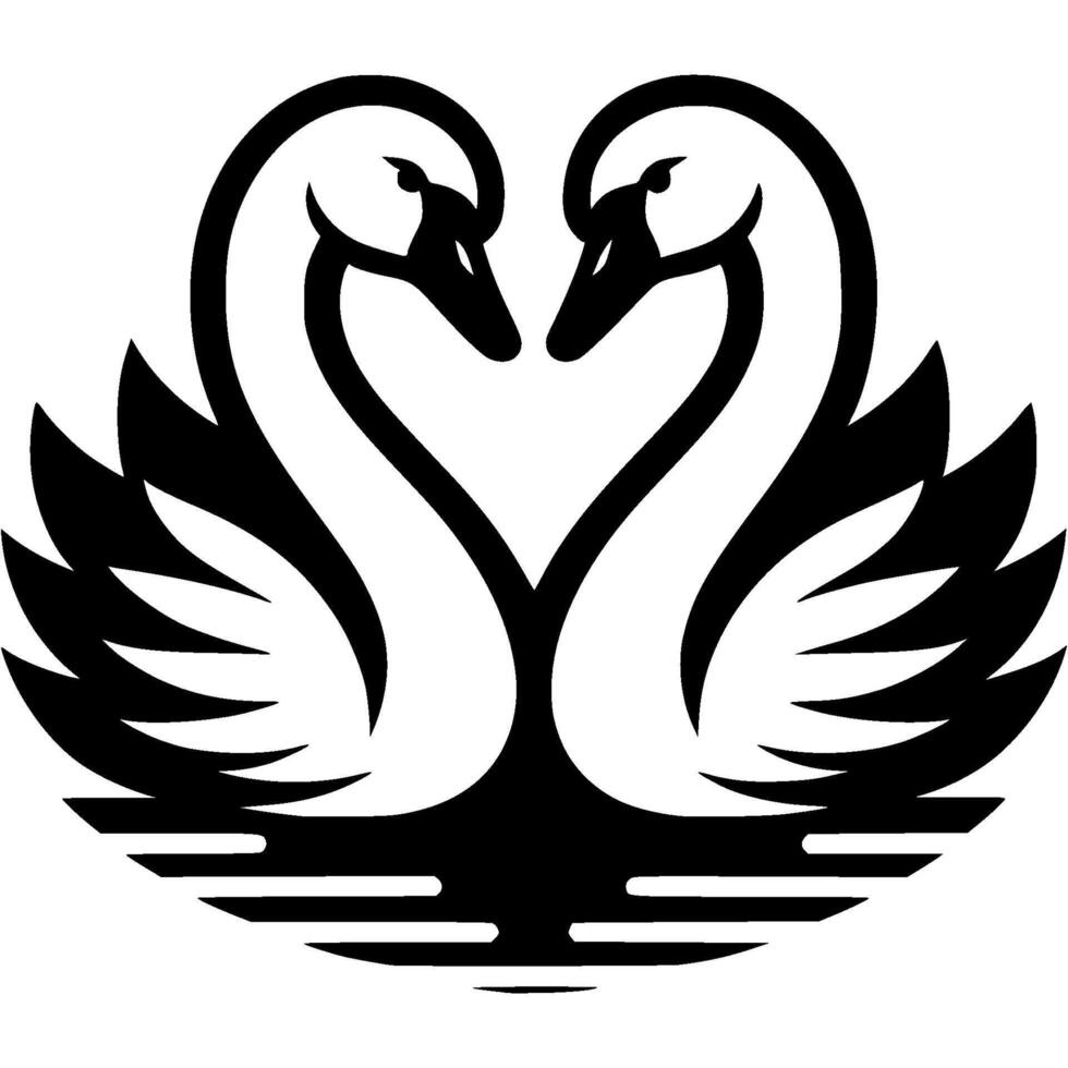 Tattoo of pair of white swans in love in monochrome. Waterfowl in love. Engraving minimalistic image in black ink drawing on white background vector