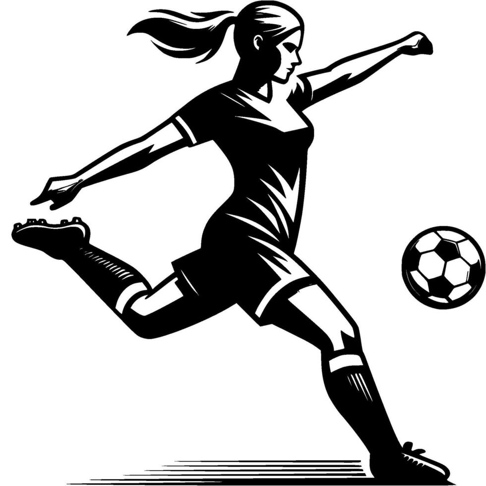 Sport emblem of female soccer player makes a powerful kick before hitting flying ball in monochrome. Engraving minimalistic image in black ink drawing on white background vector