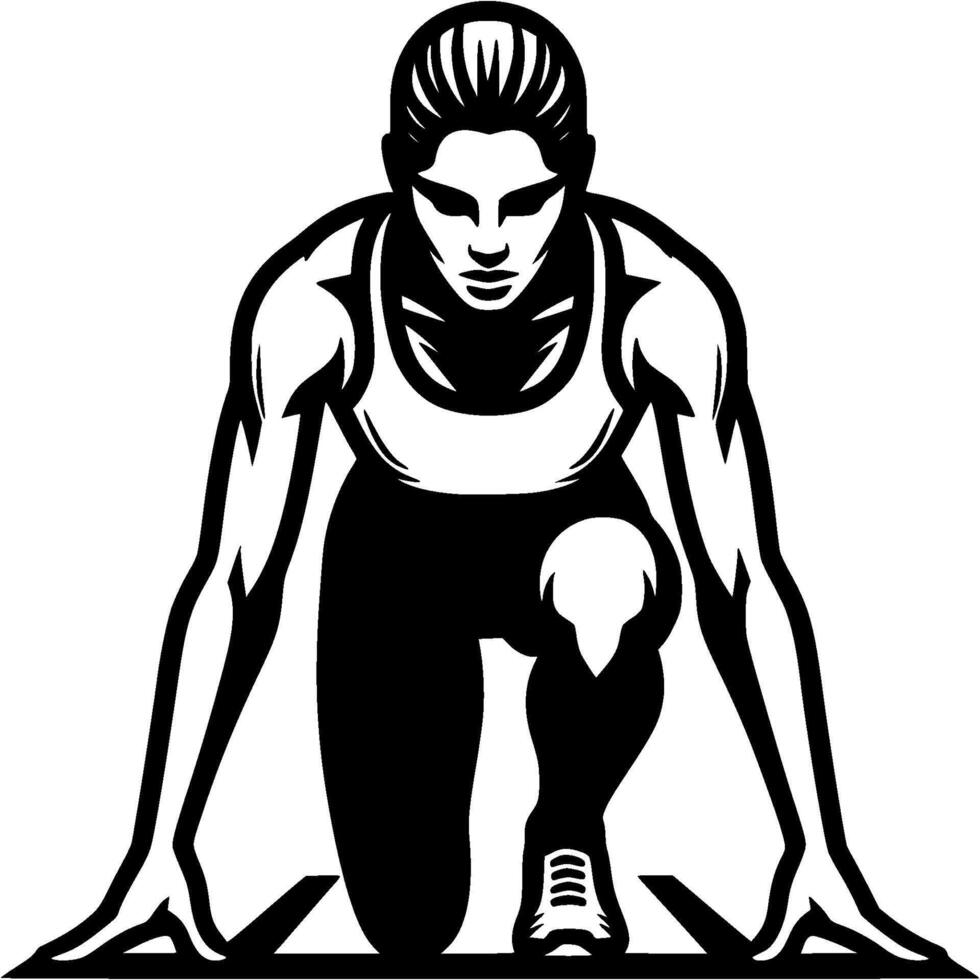 Sport emblem of focused sportswoman sprinter at start position on track in monochrome. Engraving minimalistic image in black ink drawing on white background vector