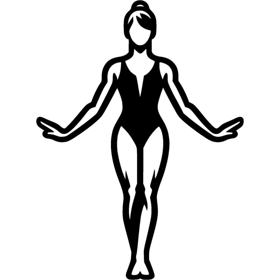 Sport emblem of girl gymnast walks in a straight line balancing and maintaining equilibrium in monochrome. Engraving minimalistic image in black ink drawing on white background vector