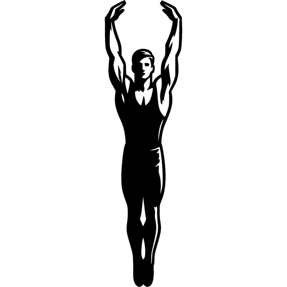 Sport emblem of gymnast man stands at full height, stretched out on tiptoes in monochrome. Engraving minimalistic image in black ink drawing on white background vector