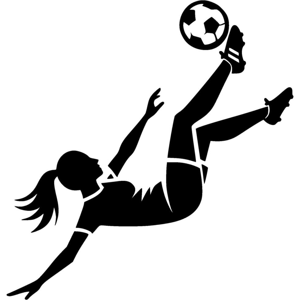 Sport emblem of female soccer player hits spectacular overhead kick in monochrome. Engraving minimalistic image in black ink drawing on white background vector
