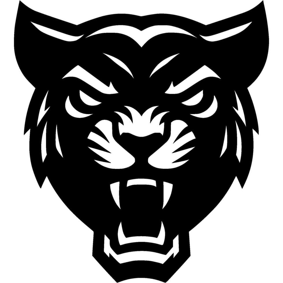 Tattoo of angry roaring puma head in monochrome. Puma wildcat in madness front view. Engraving minimalistic image in black ink drawing on white background vector