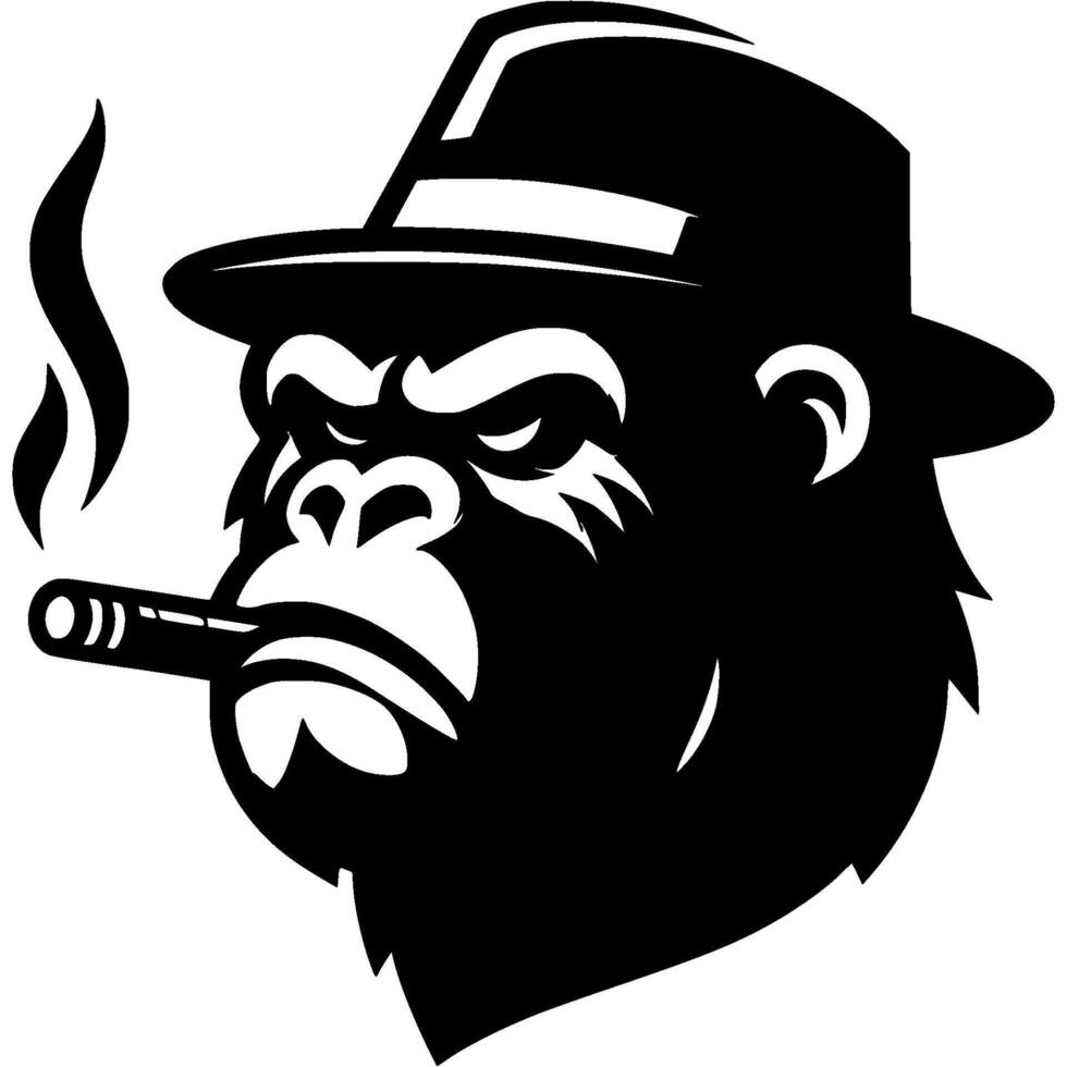 Tattoo of mafia gangster in hat with cigar in his teeth was burning in monochrome. Chimpanzee bandit. Engraving minimalistic image in black ink drawing on white background vector