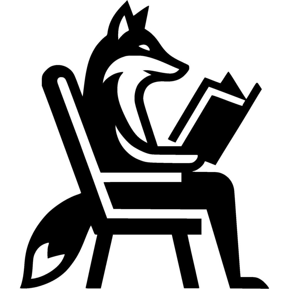 Wise old fox sits reading a book in a chair side view in monochrome. Engraving minimalistic image in black ink drawing on white background vector