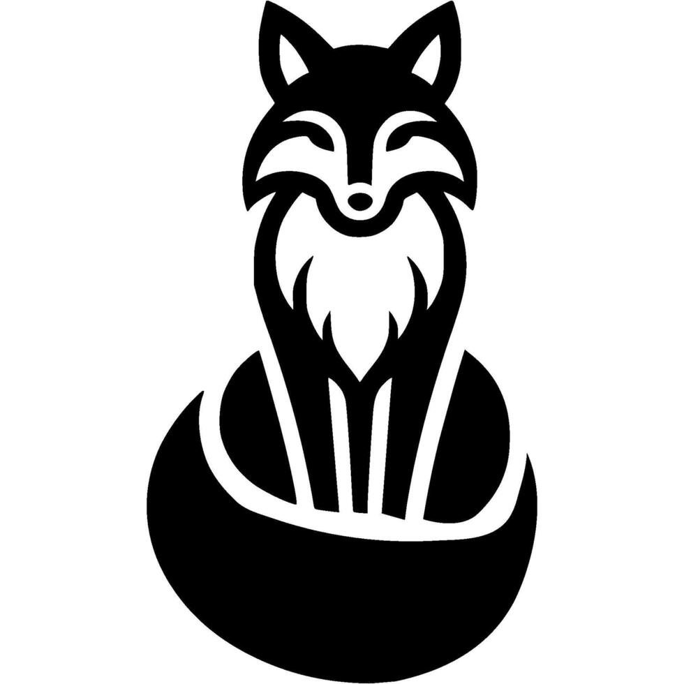 Tattoo of fox sits with its fluffy tail wrapped around itself in monochrome. Engraving minimalistic image in black ink drawing on white background vector