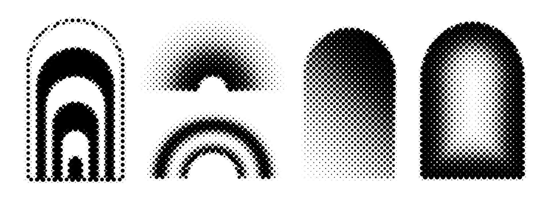 Black halftone arch set. Different pixelated gradient arc collection. Dotted pop art curve element bundle for collage, graphic design template, banner, poster. Comic bitmap warp pack vector