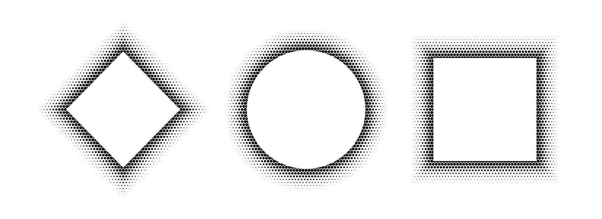 Black halftone geometric frame set. Dotted gradient border collection. Pop art comic picture holder design for banner template, copy space, emblem, poster, booklet. Rasterized borders pack vector