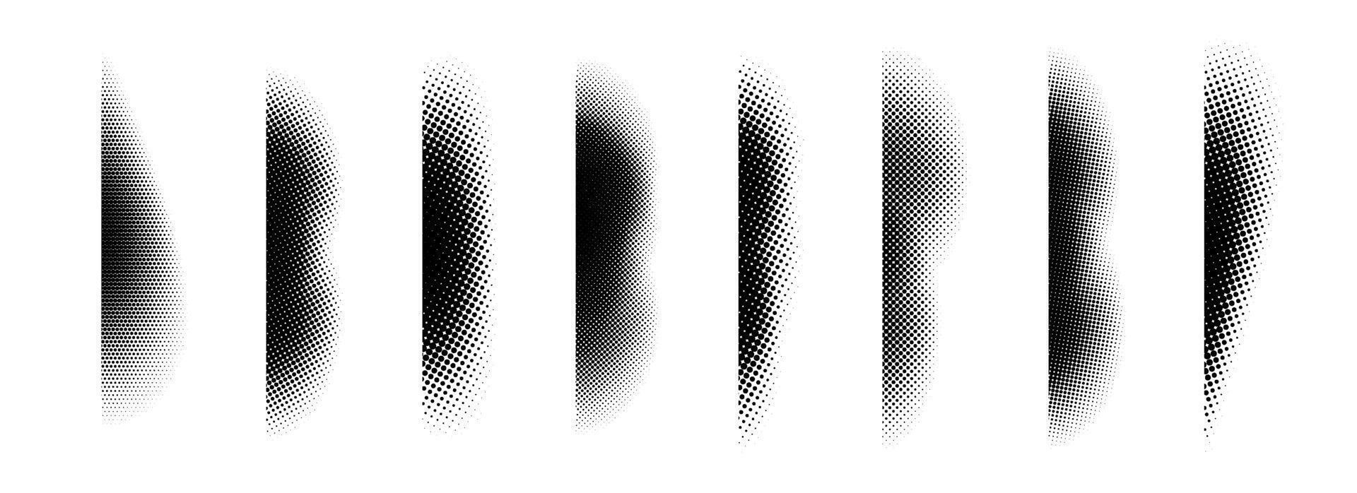 Halftone shadow set. Black dotted gradient stripe collection. Vertical pixel grain line pattern bundle. Half tone textured shade pack for divide and separate. Noise dots and particles elements vector