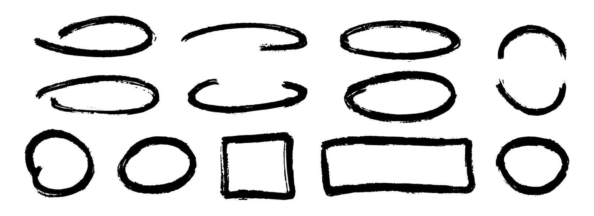Black charcoal hand drawn frame set. Rectangle, square and round paintbrush border set. Rough sketch elements for diagram, highlight, underline, emphasis. Scribbled crayon forms vector