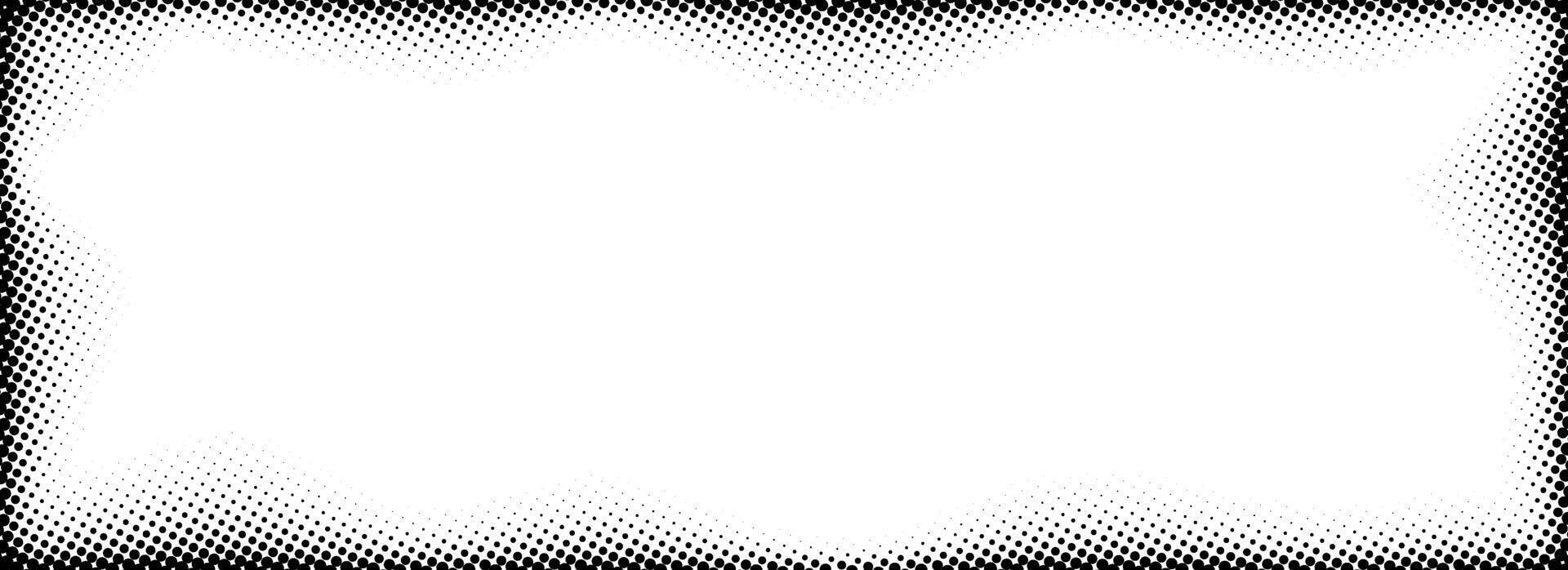 Halftone rectangle grain frame. Black comic dotted wavy border. Pop art fading gradient framing backdrop. Stipple grunge abstract background. Dot textured graphic design wallpaper vector
