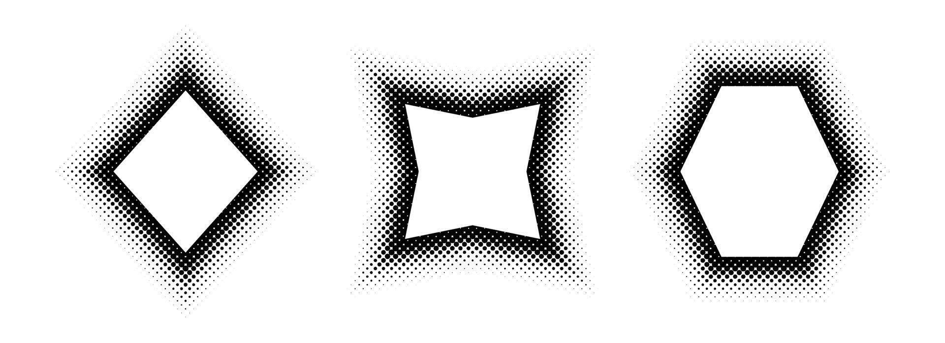 Black halftone geometric frame set. Dotted gradient border collection. Pop art comic picture holder design for banner template, copy space, emblem, poster element. Rasterized geo framing pack vector