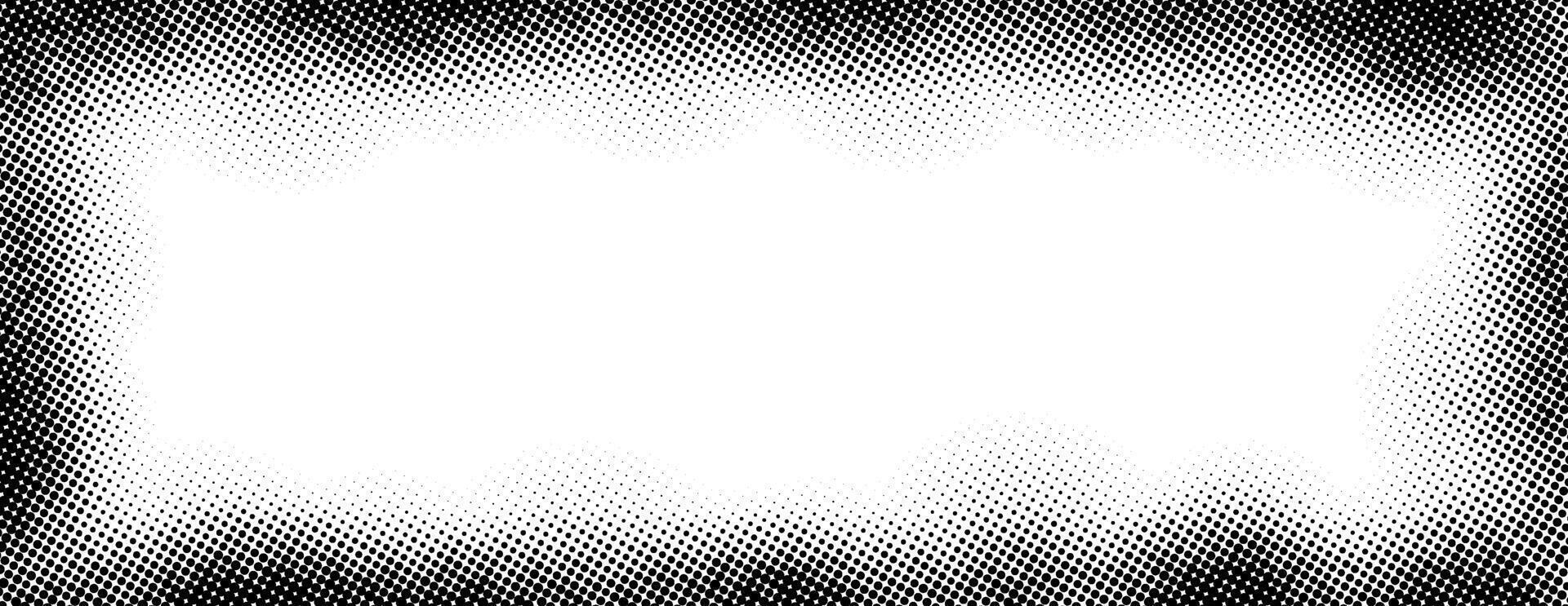 Halftone rectangle grain frame. Black comic dotted wavy border. Pop art fading gradient framing backdrop. Monochrome grunge abstract background. Dot textured graphic design wallpaper vector