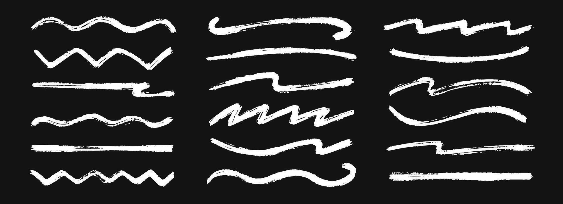 Hand drawn chalk wavy, zigzag straight line set. White pastel squiggle underline stroke collection. Crayon wave brushstroke bundles. Sketch marks and highlights for divide, separate, emphasis vector