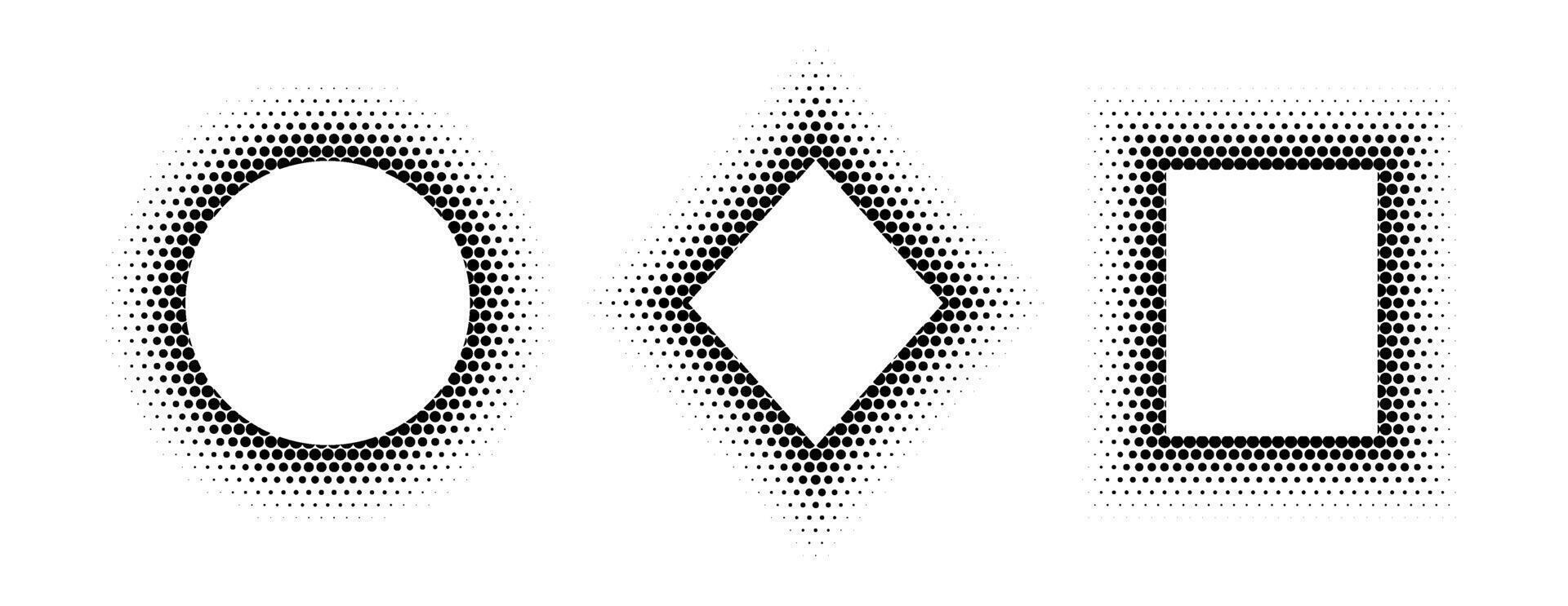 Black halftone geometric frame set. Dotted gradient border collection. Pop art comic picture holder design for banner template, copy space, emblem, poster, booklet. Rasterized framing pack vector