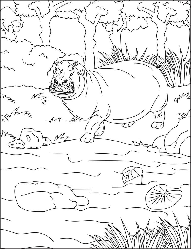 Hippo Coloring Pages Hippopotamus In Forest vector