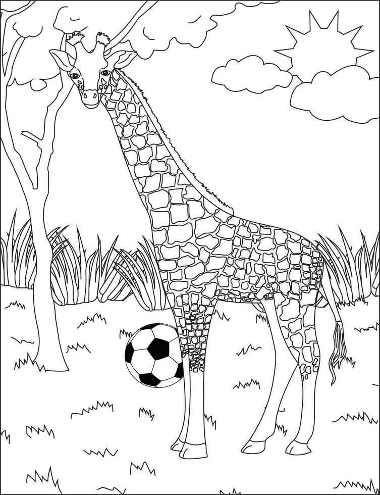 Giraffe In Forest With Coloring Page vector