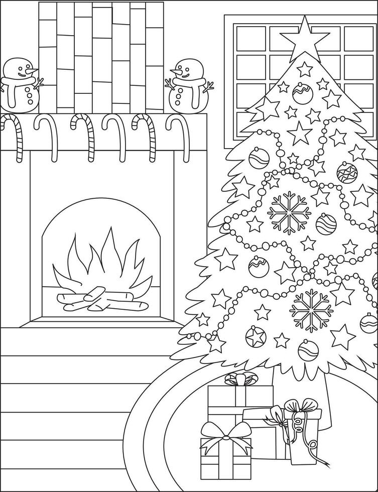 Christmas House Drawing Coloring Book Page Art Line Illustration vector
