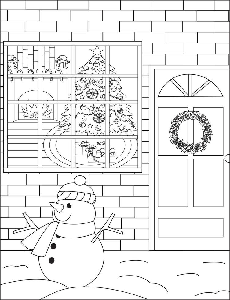 Color In Snowman Scene Illustrations Art Line Coloring Page vector