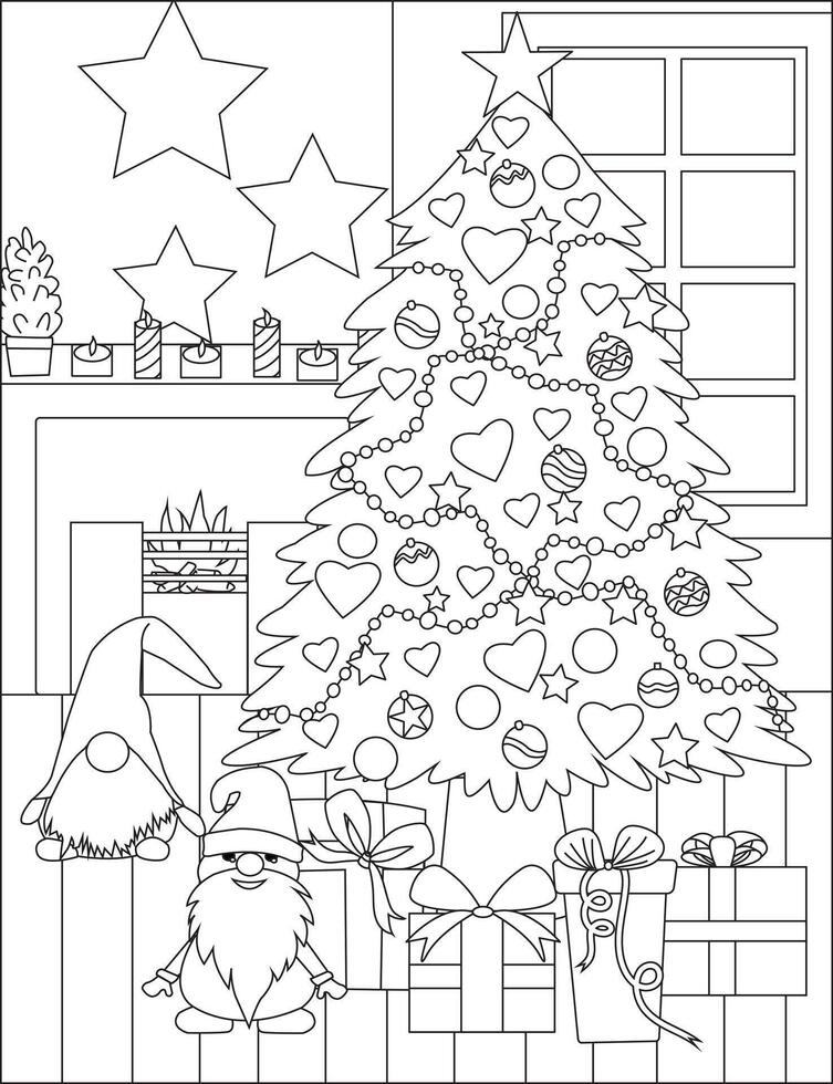 Christmas Tree Gnome In Living Room Coloring Page vector