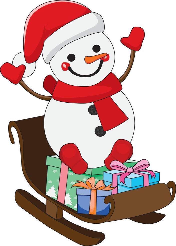 Cute Snowman Sitting On Christmas Gift Trolley Illustration vector
