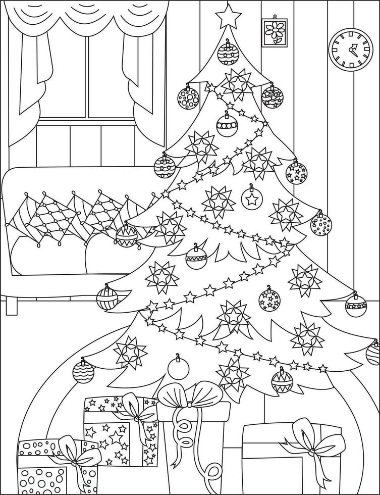 Christmas Living Room Coloring Page Cozy Home Interior Outline vector