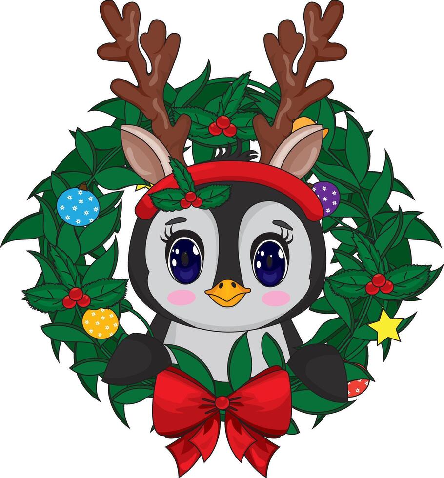 Cute Penguin Hanging in Christmas Wreath vector
