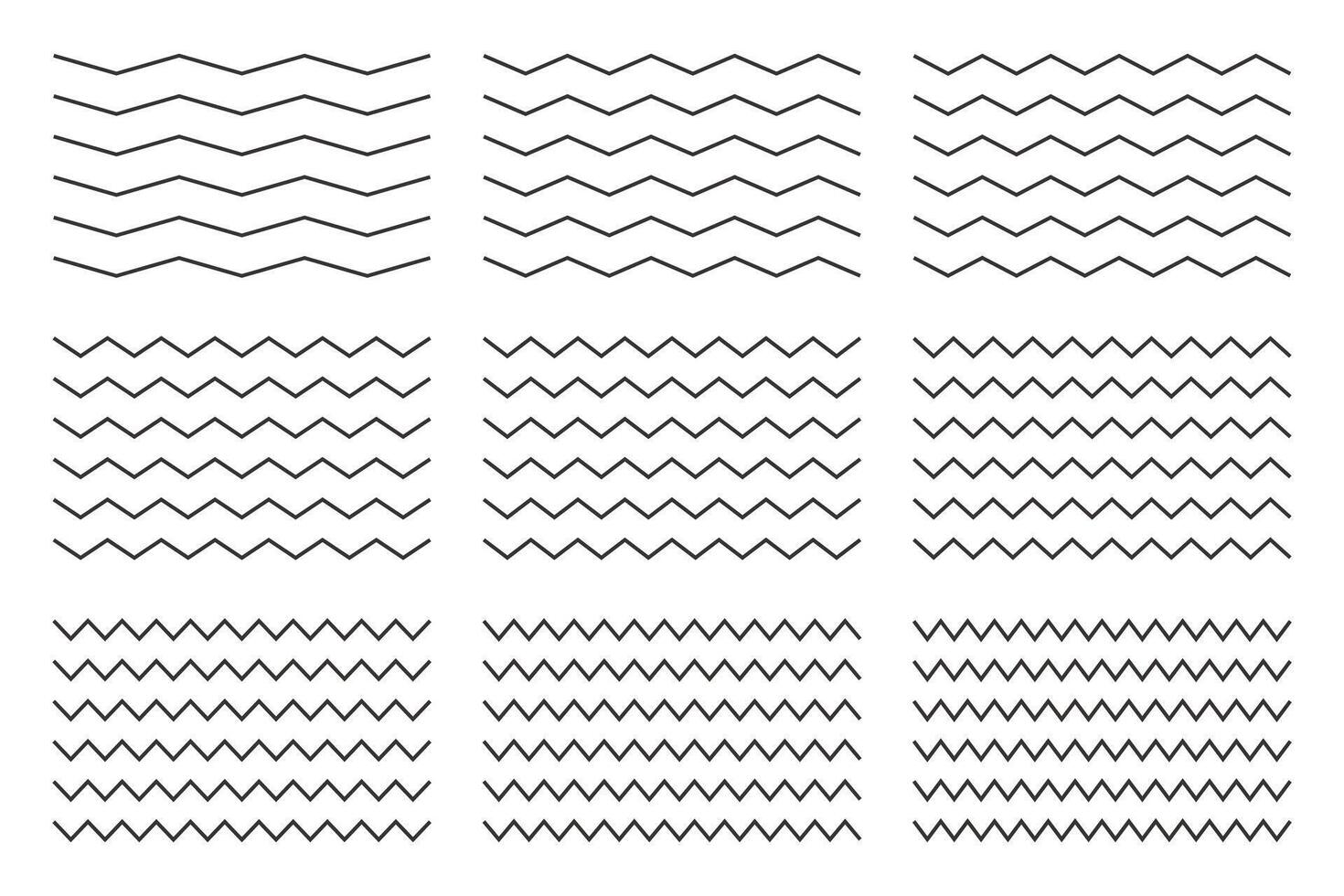 Geometric vintage Zigzag Waves Lines patterns set. Border Doodle design illustration. vector
