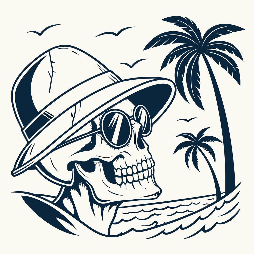 Cool Skull with Sunglasses Ocean Waves Retro Beach Design vector