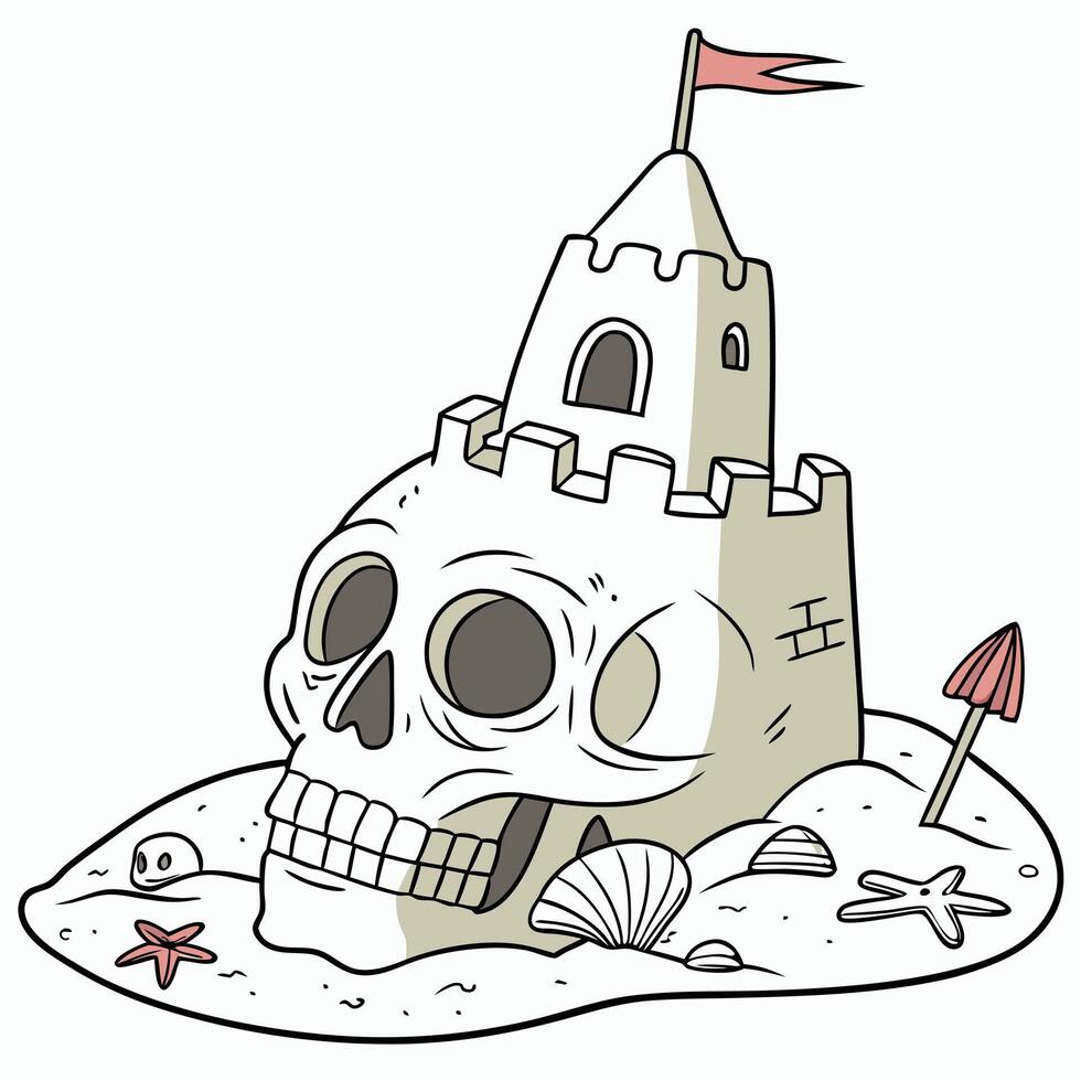 Cartoon Sandcastle with Skull and Striped Unicorn Horn vector