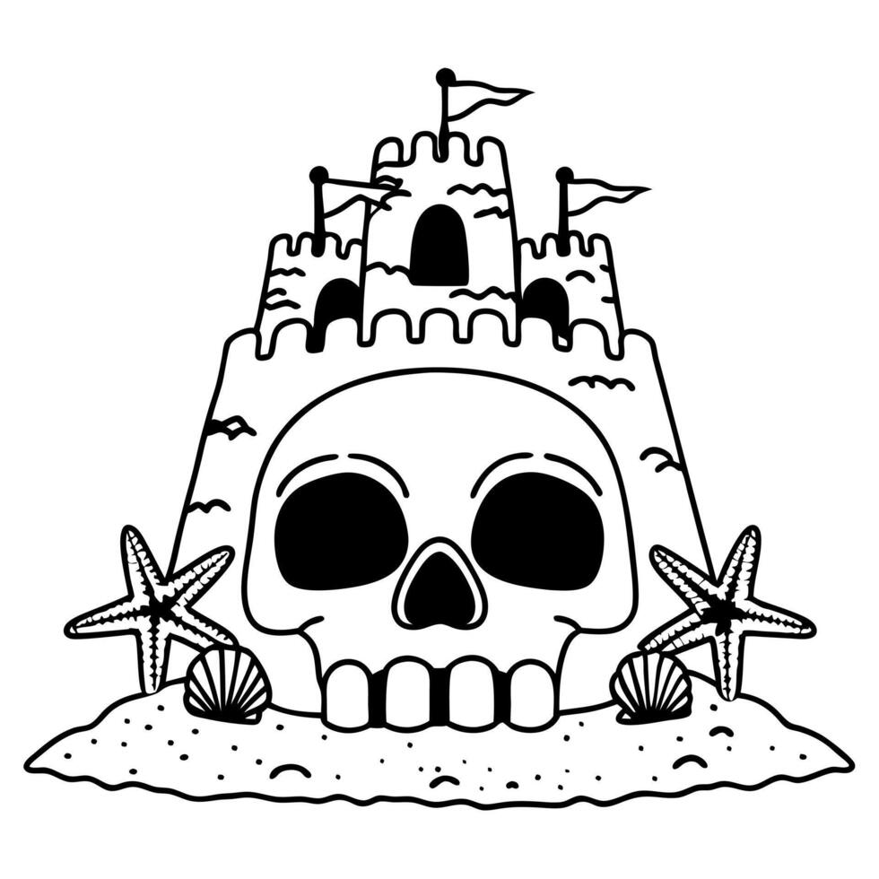 Spooky Sandcastle with Skull and Unicorn Horn Illustration vector