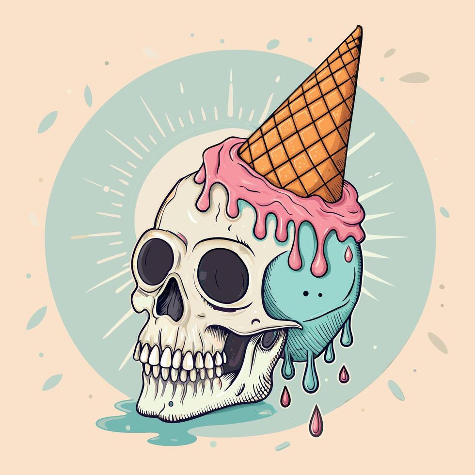 Drippy Ice Cream Skull Quirky Summer Artwork vector