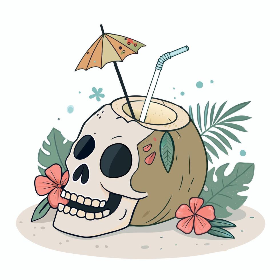 Relaxed Skull with Coconut Drink Fun Summer Illustration vector