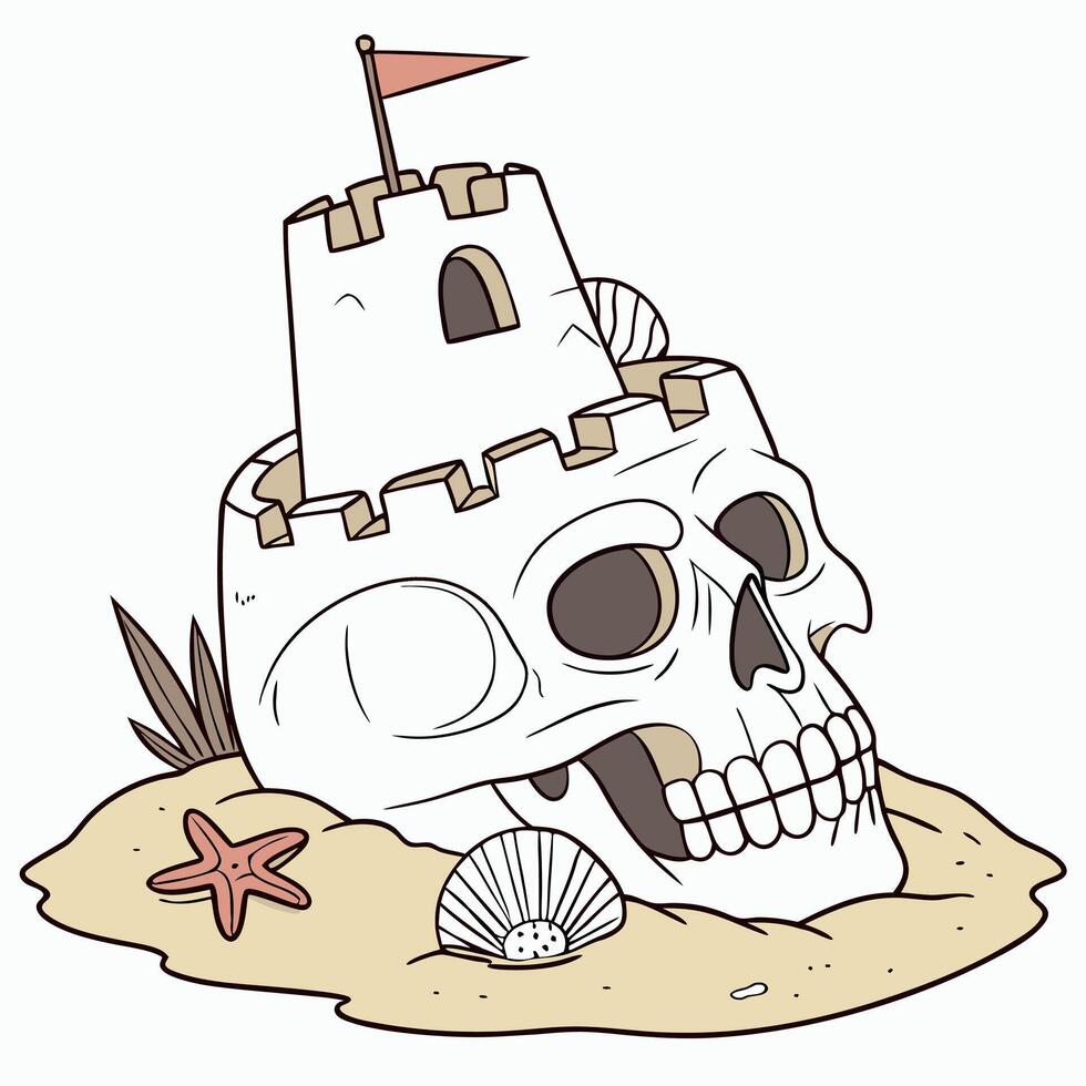 Quirky Sandcastle with Skull and Magic Unicorn Horn vector