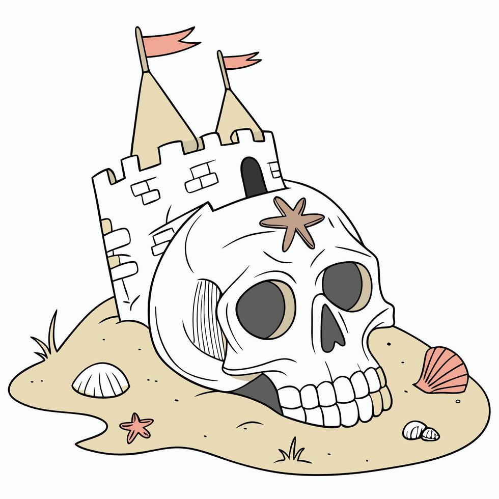Artistic Sandcastle with Skull and Striped Horn vector