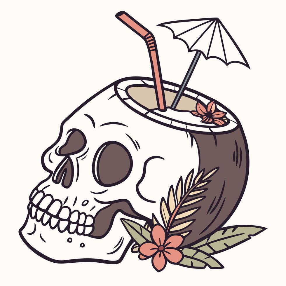 Cool Summer Skull Coconut Cocktail Floral Decor vector