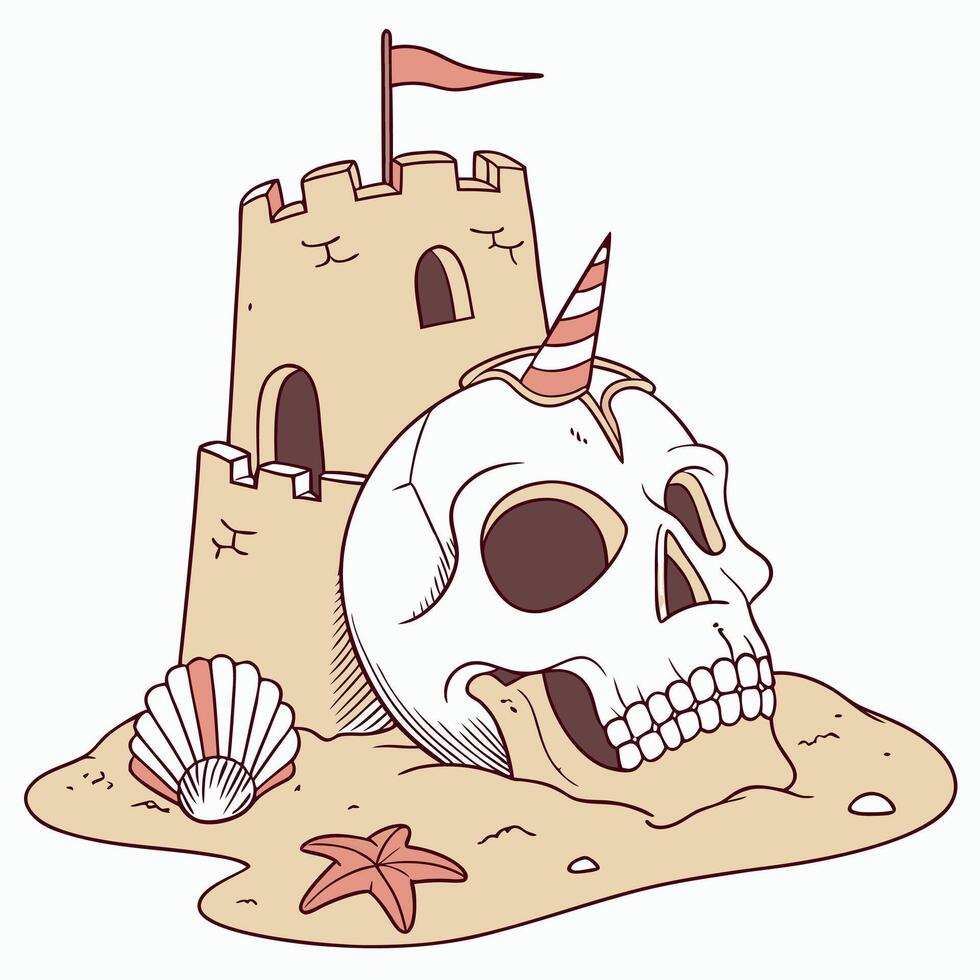 Cartoon Skull and Sandcastle Design Unique Clipart vector